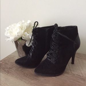 Black faux leather and suede heeled booties